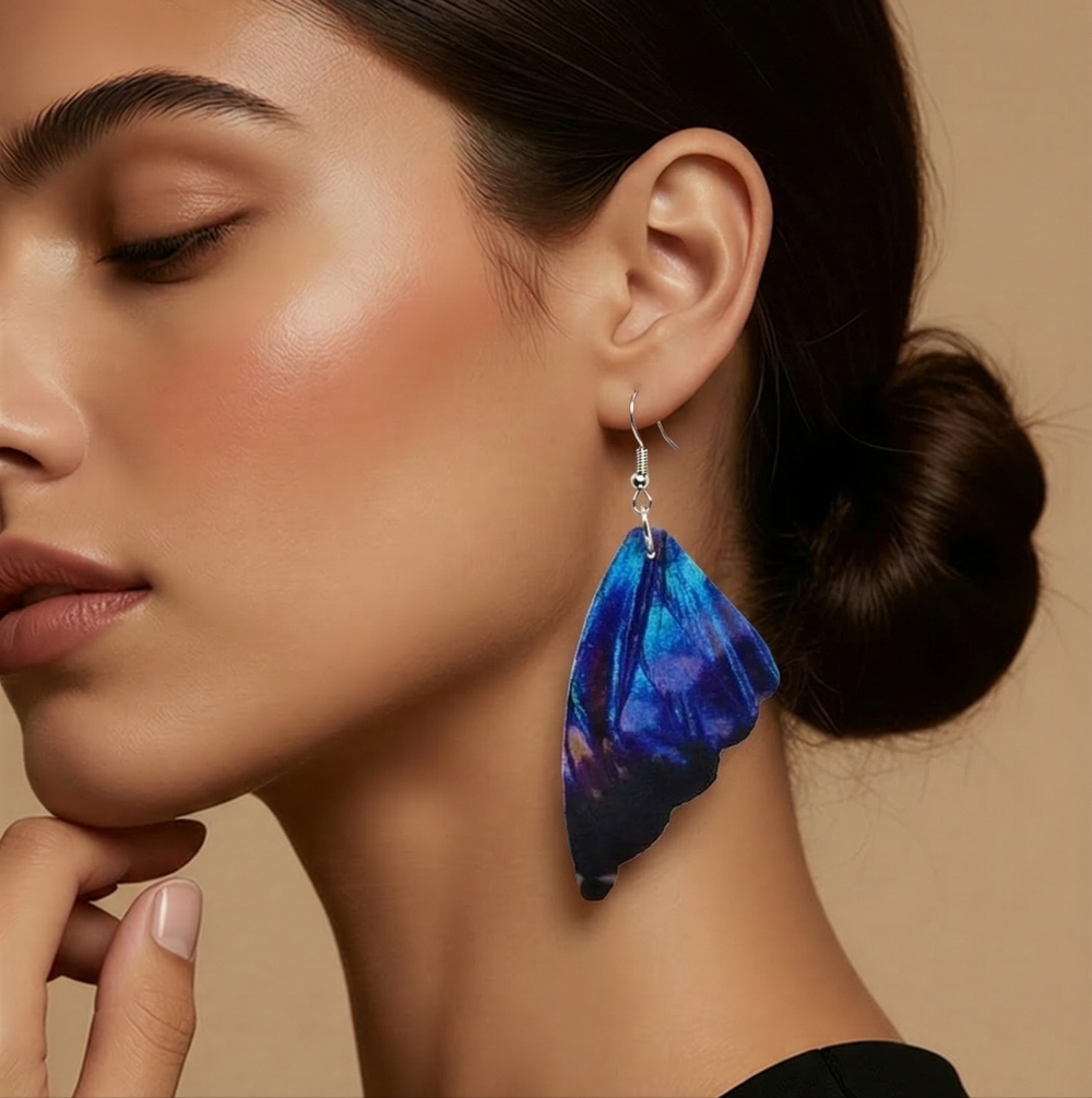 Blue Morpho Butterfly Wing Earrings Faux Leather Fairycore Nature Festival Chic